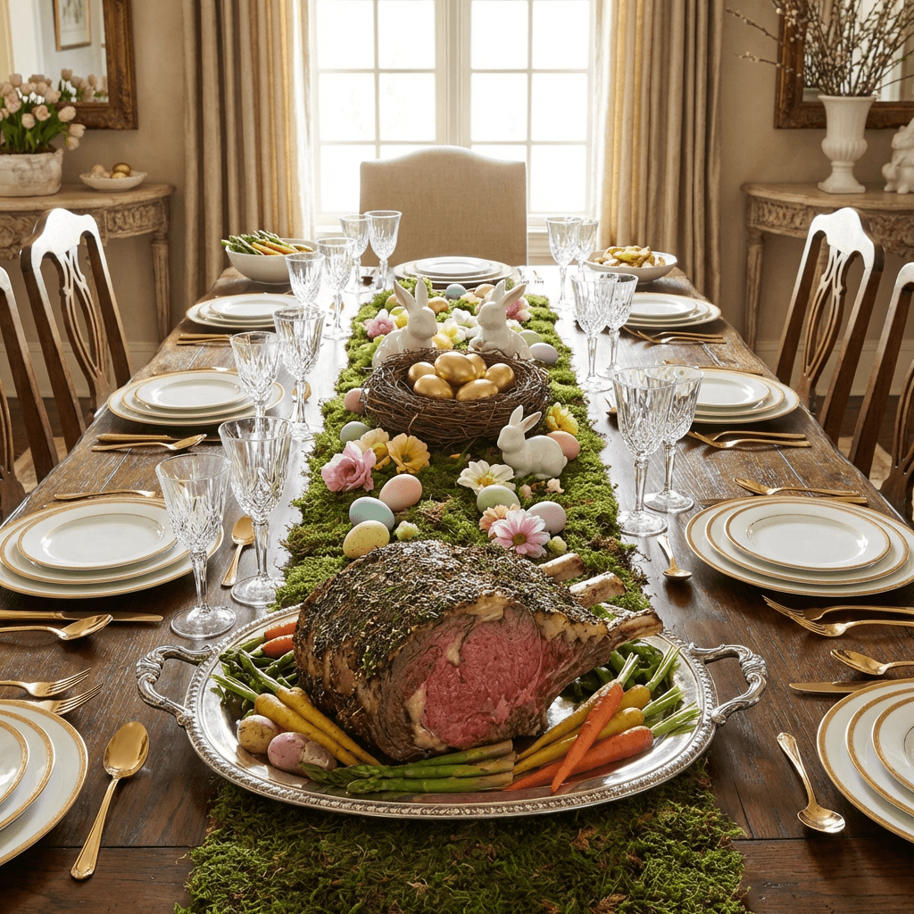 A formal dining table set for Easter with a prime rib roast and spring decorations.